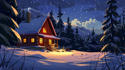 Poster - Cozy log cabin glows in the snowy forest as snowflakes fall on a winter evening