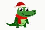 Fototapeta Dinusie - Vector Line Art of Christmas Cute Alligator with Santa Claus Hat and Scarf on White Background