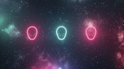 Wall Mural - Neon Alien Faces in Cosmic Space Background
