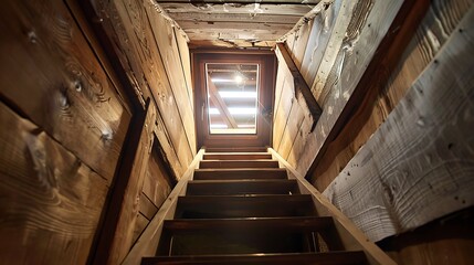 Wall Mural - Folding metal stairs to the attic in the ceiling closed hatch with a tube for opening modern look