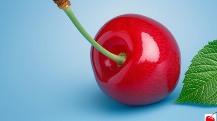 Wall Mural - A cherry with a green leaf on top. The cherry is red and shiny