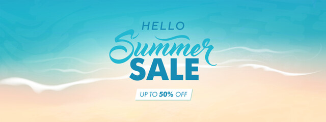 Wall Mural - Vector beautiful realistic illustration of top view sandy summer beach. Summer sale horizontal promotional web banner, flyer, poster, greeting card