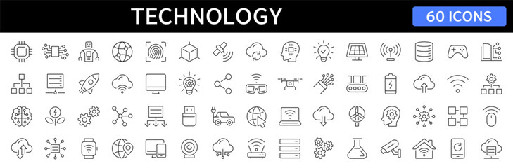 Technology thin line icons set. Innovation, robot, biometric, ai, digital technology, industry editable stroke icon. Vector