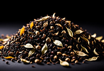 Wall Mural - dry black tea leaves pile isolated white background high resolution high details vibrant