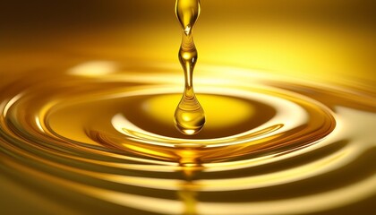 Wall Mural - Yellow olive or sunflower oil liquid drop closeup background. Organic cosmetic splashing wave on golden surface texture, orange juice flowing, motor engine fluid smooth ripple