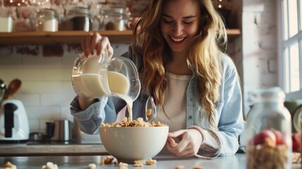 Wall Mural - A person preparing breakfast with a simple act of pouring milk into a bowl of cereal