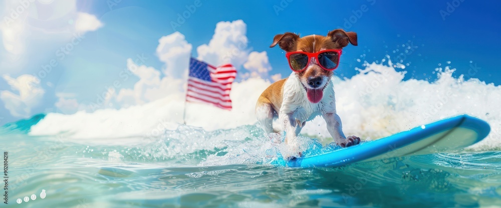 jack russell dog surfing on a wave , on ocean sea on summer vacation
