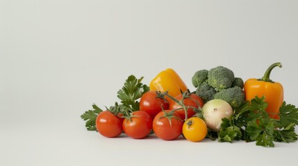 Canvas Print - Fresh vegetables including tomatoes, bell peppers, onions, and broccoli. The vibrant colors and minimalist style make it ideal for food blogs or health articles. 