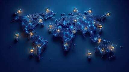 Canvas Print - a blue and white image of the world with many lights on it. the lights are scattered all over the wo