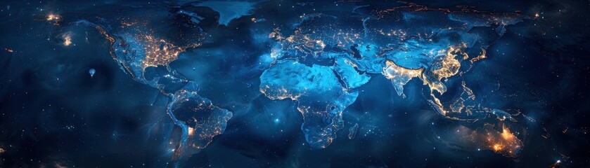 Canvas Print - a blue and white image of the world with many lights on it. the lights are scattered all over the wo