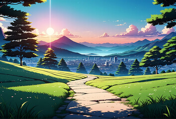 Wall Mural - lofi landscape anime manga style background animation anime animation photorealistic high resolution high details vibrant