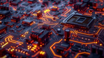 Wall Mural - Close-Up of a Computer Motherboard with Glowing Circuits