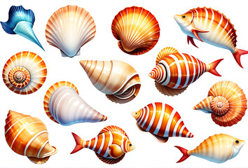 Wall Mural - watercolor cartoon sea shells collection isolated white background fish isolated white photo realistic photo high resolution high details vibrant