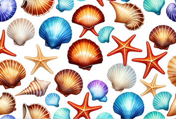 watercolor cartoon sea shells collection isolated white background fish isolated white photo realistic photo high resolution high details vibrant