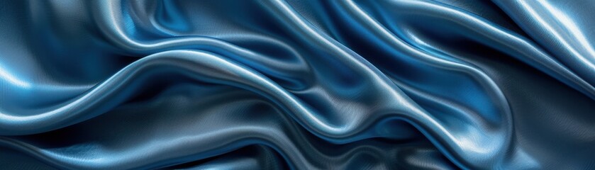 Wall Mural - A blue fabric with a wave pattern. The fabric is smooth and shiny. The blue color gives a sense of calmness and serenity