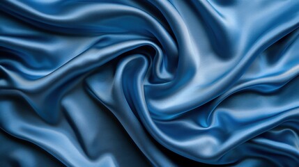 Wall Mural - A blue fabric with a wave pattern. The fabric is smooth and shiny. The blue color gives a sense of calmness and serenity