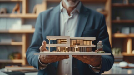 Canvas Print - Real estate agent holding a house model with one hand