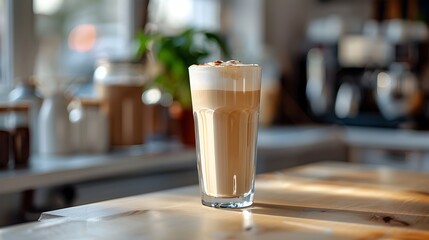 Wall Mural - Creamy Vanilla Latte in Glass on Bright Kitchen Counter