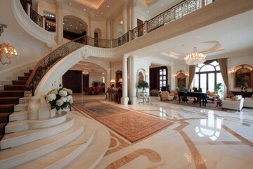 A luxurious hall featuring a winding staircase and beautiful artistic decor, complemented by a chandelier and marble flooring, exuding elegance and class.