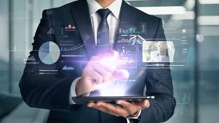 Poster - This Businessman interacts with virtual data while working in a sleek office environment.