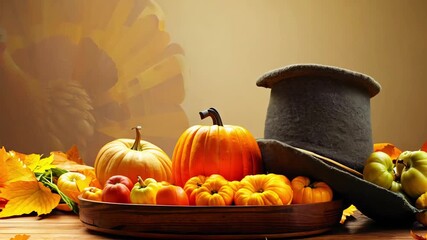 Poster - A turkey is sitting on a table with a variety of fruits and vegetables. Autumnal harvest, Thanksgiving festive decor