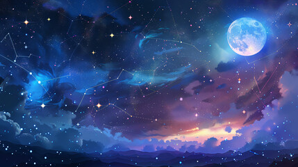 Poster - Starry night landscape with a majestic glowing moon rising over mountain peaks