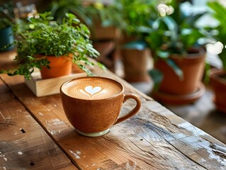 Poster - Cozy Caf Setting with Heart Shaped Latte Art and Comforting Coffee Cup