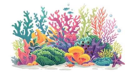 Wall Mural - Coral reef design elements isolated on white background. Modern cartoon illustration of underwater seabed or aquarium bottom design elements, colorful aquatic plants collection, marine nature life