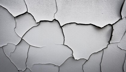 Cracked wall, black crack lines on white wall background. Old grunge cement texture surface destruction, earthquake effect, split fractured damaged concrete construction