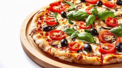 Wall Mural - A close-up shot of a tomato pizza topped with black olives and fresh basil leaves