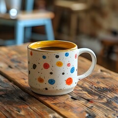 Poster - Colorful Quirky Ceramic Mug with Coffee on Rustic Wooden Countertop