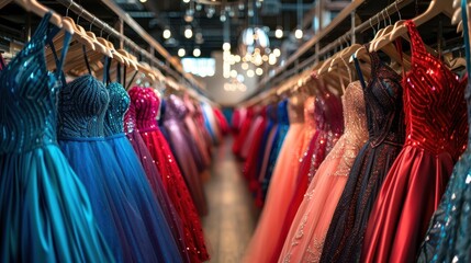 Poster - A row of dresses in a store, with the most prominent being a red dress. The dresses are all different colors and styles, and they are hanging on racks. The store is brightly lit