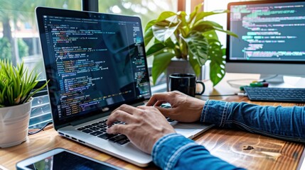A person is typing on a laptop computer. The laptop is open and the screen is displaying a code. The person is focused on their work, likely writing or editing code