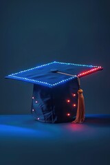 Wall Mural - A graduation cap with a golden tassel is lit up in neon colors. Concept of celebration and achievement