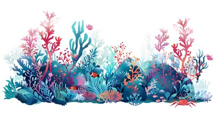 Wall Mural - Coral reef design elements isolated on white background. Modern cartoon illustration of underwater seabed or aquarium bottom design elements, colorful aquatic plants collection, marine nature life