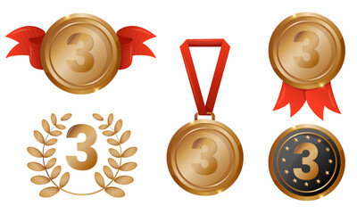 Bronze cartoon medal with red  ribbon set. Third place award winner collection isolated on white