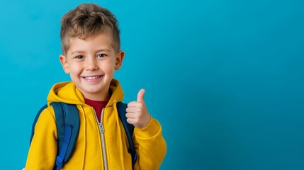 Wall Mural - A young boy is smiling and giving a thumbs up while wearing a yellow jacket and carrying a backpack