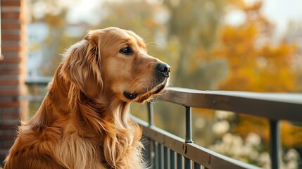 Wall Mural - Golden retriever dog standing on the balcony waiting for its owner