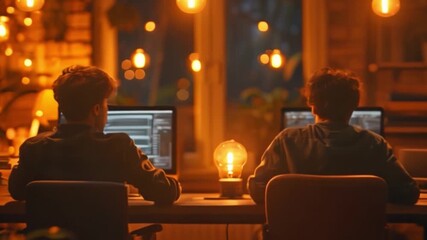 Aufkleber - This Two individuals focus on their screens in a warmly lit room surrounded by plants.