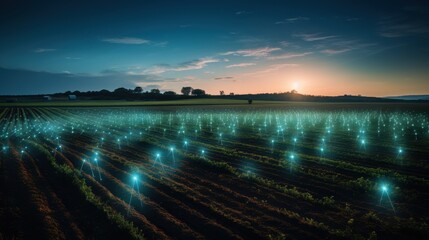 Canvas Print - A field of glowing plants with a blue sky in the background. The field is illuminated by a light that is shining on the plants