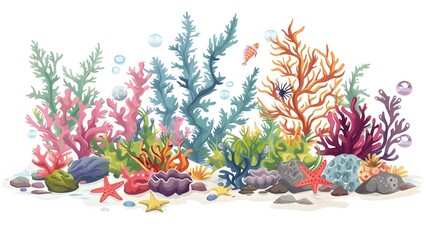 Coral reef design elements isolated on white background. Modern cartoon illustration of underwater seabed or aquarium bottom design elements, colorful aquatic plants collection, marine nature life