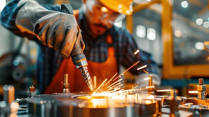 Poster - A man in a yellow hard hat is working on a piece of machinery. Concept of industry and hard work, as the man is focused on his task