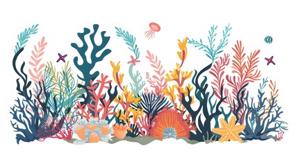 Wall Mural - Coral reef design elements isolated on white background. Modern cartoon illustration of underwater seabed or aquarium bottom design elements, colorful aquatic plants collection, marine nature life