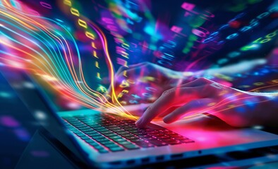 A vibrant abstract painting featuring fluid shapes and light trails flowing from a laptop keyboard, capturing the dynamic movement of data.