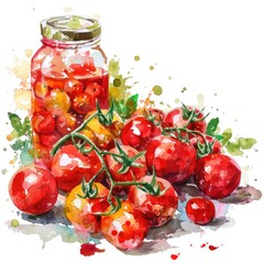 Wall Mural - Vibrant Tomato Collection: Fresh Organic Tomatoes and Homemade Sauce Watercolor Illustration