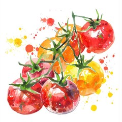 Wall Mural - Vibrant Watercolor Illustration of Fresh Ripe Red and Yellow Cherry Tomatoes on White Background. Healthy and Organic Ingredient for Vegetarian Cooking and Homemade Tomato Sauce