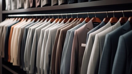 Wall Mural - A row of clothes hanging on a rack, including a blue jacket and a brown jacket. The clothes are neatly hung and organized