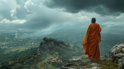 an indian monk standing on the peak of mountain