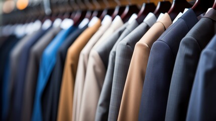 Wall Mural - A row of clothes hanging on a rack, including a blue jacket and a brown jacket. The clothes are neatly hung and organized