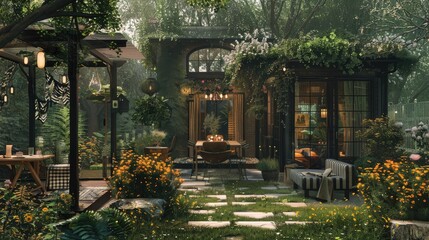 A garden house with a cozy outdoor dining area, set amidst a beautiful garden.